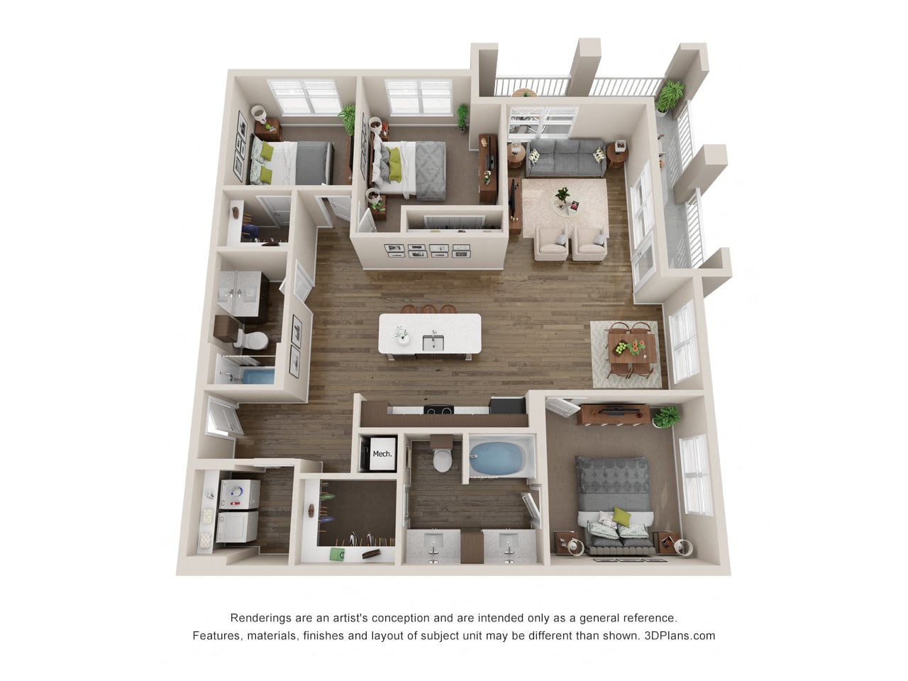 Floor plan for 3 beds, 2 baths, 1411 sqft